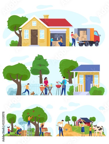 Fototapeta Naklejka Na Ścianę i Meble -  Family moving to countryside house, set of lifestyle scenes vector illustration. Happy family together, summer outdoor activities barbecue, help in apple orchard and farm work. Life in village concept