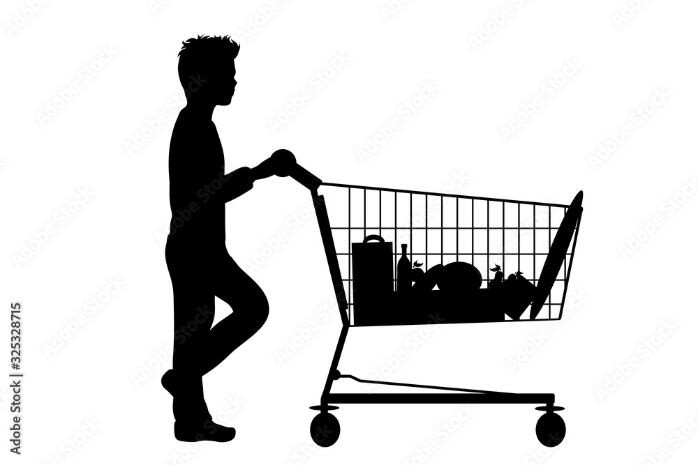 Vector silhouette of boy push shopping cart on white background. Symbol of shop accessories. Vector silhouette of boy push shopping cart on white background. Symbol of shop accessories.