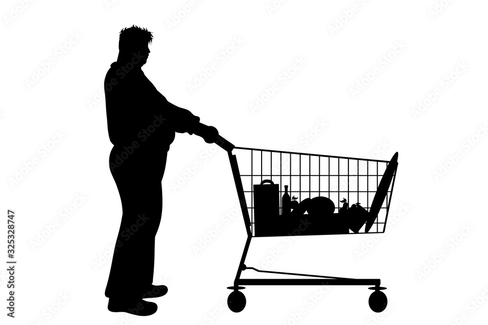 Vector silhouette of obese man push shopping cart on white background. Symbol of shop accessories. Vector silhouette of obese man push shopping cart on white background. Symbol of shop accessories.