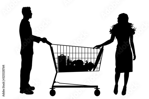 Vector silhouette of couple shop to shopping cart on white background. Symbol of shop accessories.