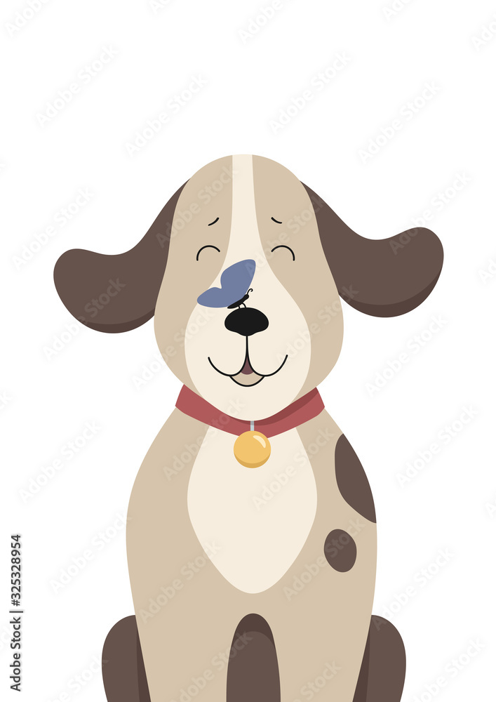 Fototapeta premium Cute baby dog with butterfly on the nose. Childish print for nursery, poster, postcard. Can be used for fashion t-shirt design. Vector.