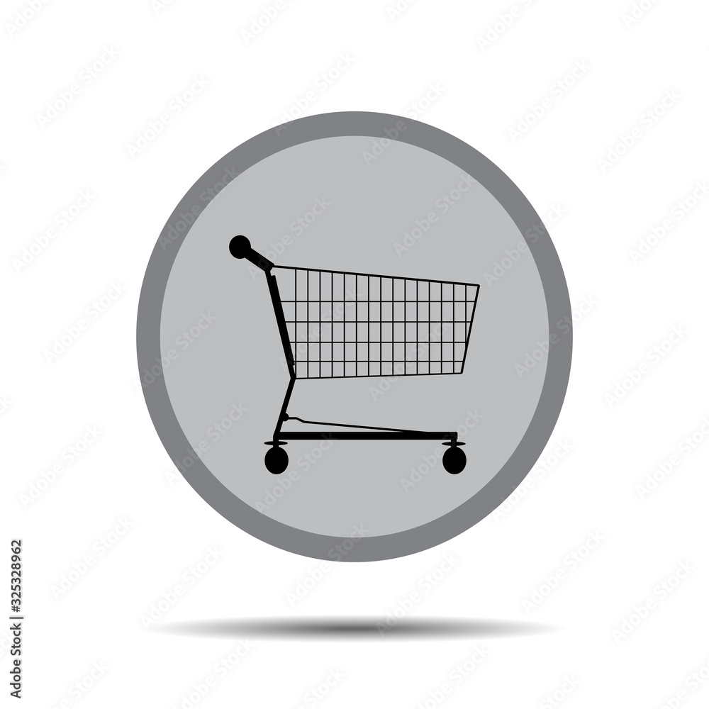 Vector silhouette of button with shopping cart on white background. Symbol of shop accessories. Vector silhouette of button with shopping cart on white background. Symbol of shop accessories.