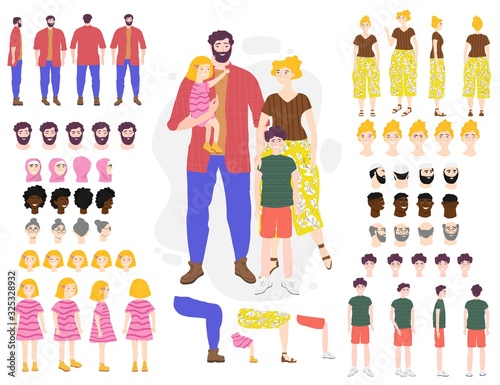 Family cartoon characters constructor set vector illustration. Parents and children in different poses, isolated faces with emotional expressions, editable race, age. Family generator constructor set