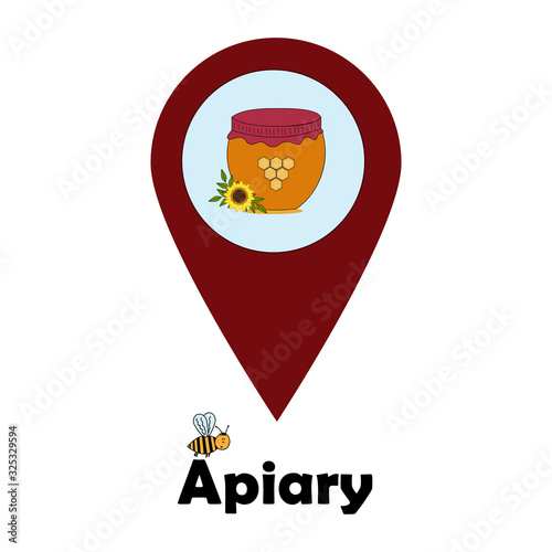 Pasika location pointer with a colorful illustration of a honey jar with bees and sunflowers, vector illustration photo