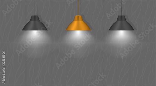 Three hanging pendant lamps near the wall. Elegant vintage interior lights. Black and gold bronze colors. Realistic vector illustration