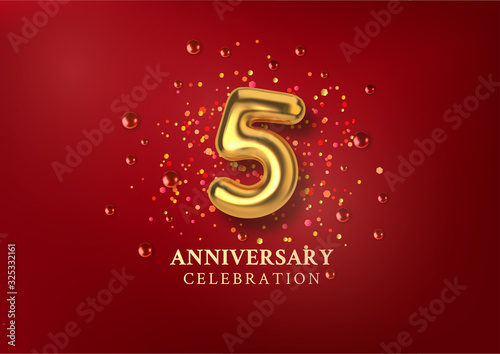 5th Anniversary celebration. Number in the form of golden balloons. Realistic 3d gold numbers and sparkling confetti, glitters. Horizontal template for Birthday or wedding event. Vector illustration