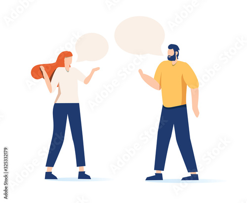 Cartoon hipster man talking to elegant girl with speech bubbles vector flat illustration. Couple having conversation