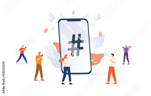 Vector illustration, phone with hashtag sign, people and social networks.