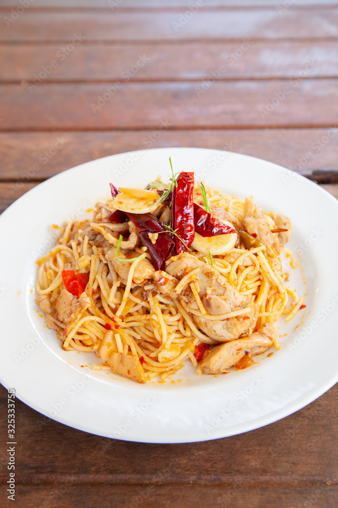 Spaghetti spicy Tom Yum chicken, Thai fusion food Spaghetti spicy Tom Yum chicken, Thai fusion food