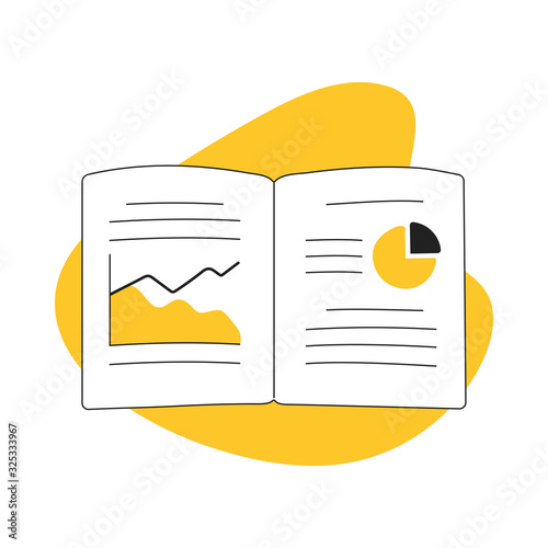 Big Data analysis, research, banking statistics, business data in the magazine or notebook, graph and chart, data study, analyzing financial figures on a graphs. Flat line vector illustration on white