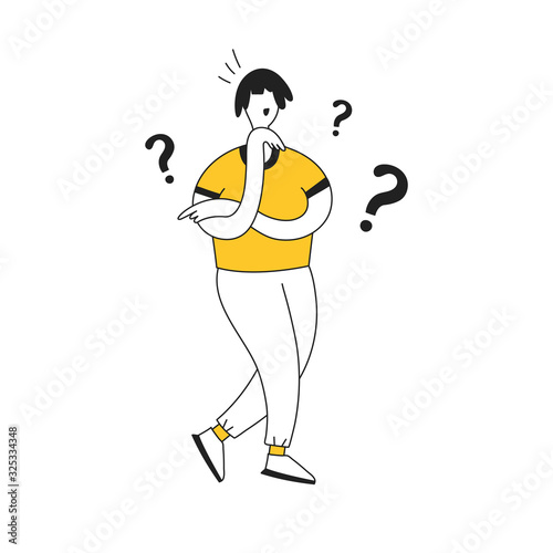 Thoughtful man. Cute smart guy thinking or solving the problem. Pensive doubting boy surrounded by thought question mark bubble. Flat thin line cartoon vector illustration.
