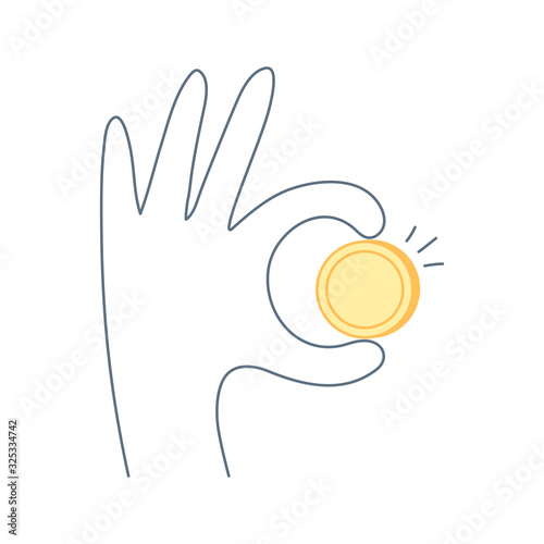 Gold coin in human hand, okay sign. Have got money, financial success, insert coin or token, payment. Flat thin line isolated vector illustration on white background.
