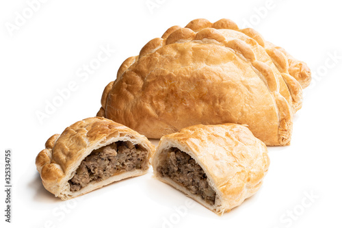 Leinwand Poster Homemade flaky pasty with mince meat filling isolated on white