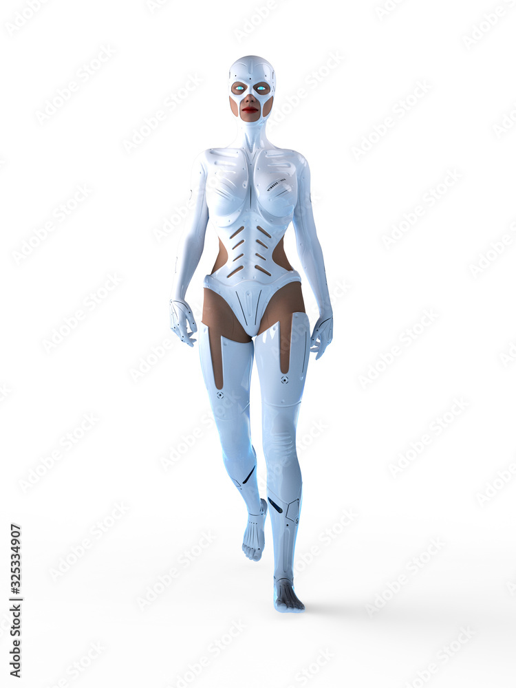 Female cyborg in white armour walking isolated on white. 3D rendering. Female cyborg in white armour walking isolated on white. 3D rendering.