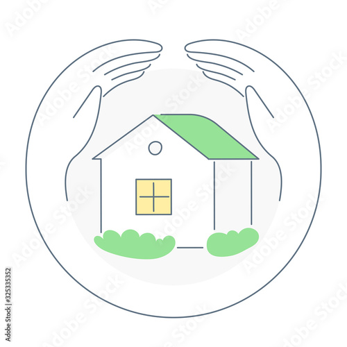 Home insurance, cute cartoon house holding insurance police and protected by  human hands. Flat thin line vector illustration on white.