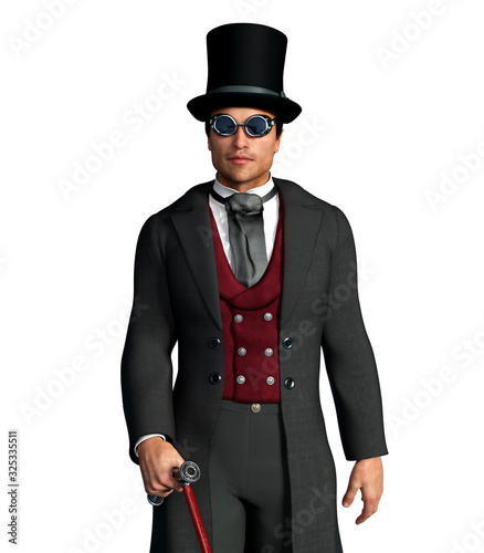 Victorian or steampunk man wearing suit, coat, hat and goggles isolated on white. 3D rendering.