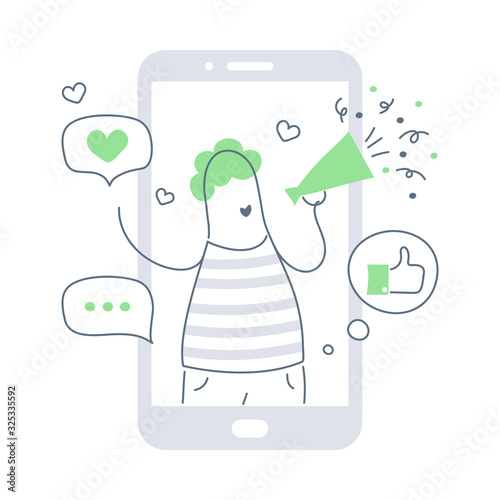 Influencer marketing concept - blogger promotion services and goods for his followers online via smartphone. Cartoon microblogger with megaphone advertise his social media. Linear vector