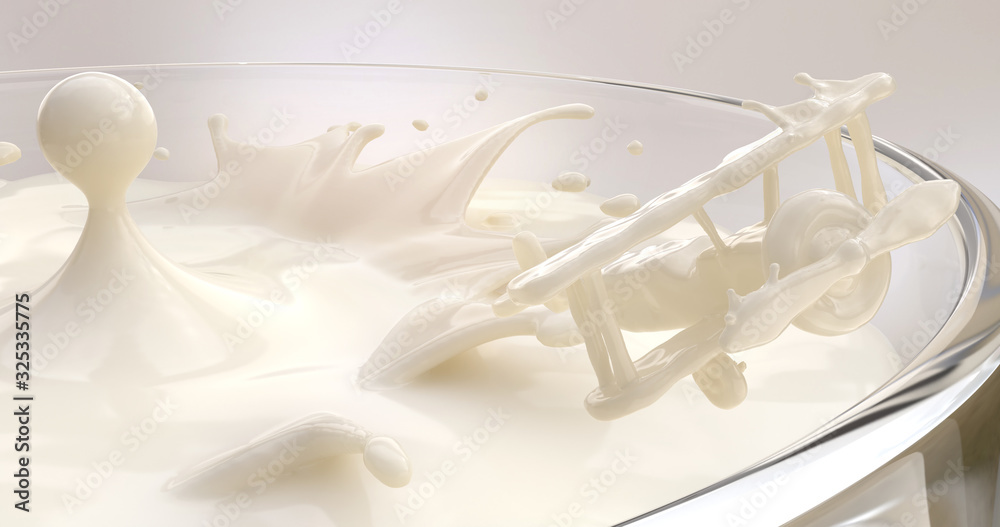 Milk droplets splashed in the shape of an airplane flying out of the glass.3d Rendering. Milk droplets splashed in the shape of an airplane flying out of the glass.3d Rendering.