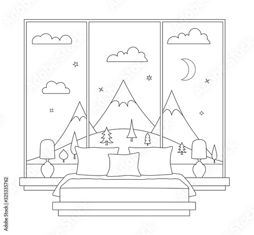 Bedroom with a large panoramic window and bed. Room in outline style. Vector linear illustration. Banner on the theme of interior design. The plan of the room.