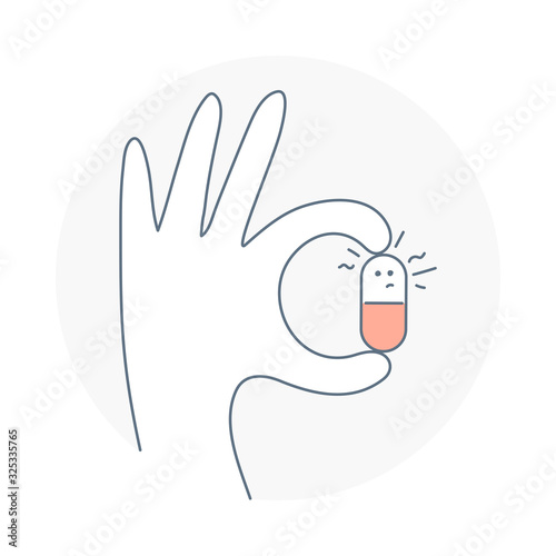 Hand holding a pill - medicine drugs, vitamins and tablets, medical treatment concept. Flat thin line vector illustration on white.
