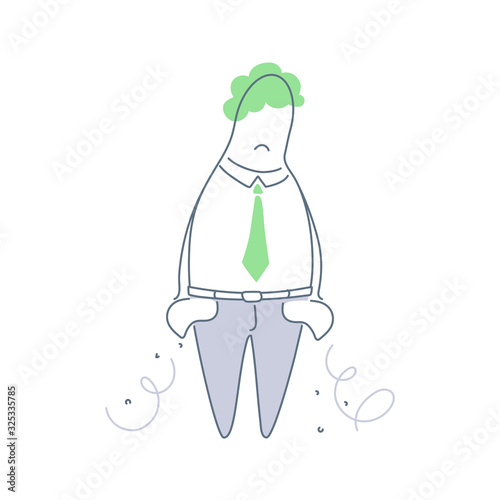 No money - poor business man showing empty pockets. Financial loss, bankruptcy. Flat thin linear vector illustration on white background.