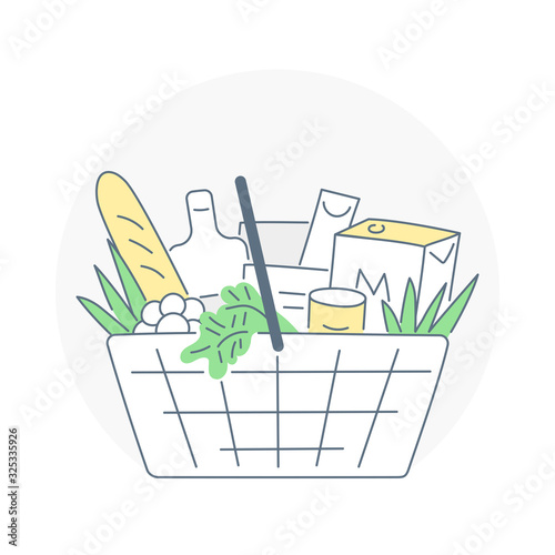 Food bucket, order food or grocery online. Fast delivery, organic eco products. Flat thin line vector illustration on white. Can be used for advertisement, website, infographic, game or mobile apps.