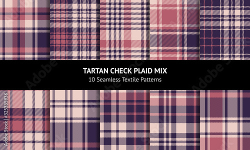 Plaid pattern set. Tartan seamless check plaid graphics in purple and pink for flannel shirt, blanket, duvet cover, or other modern spring, summer, autumn and winter textile design.