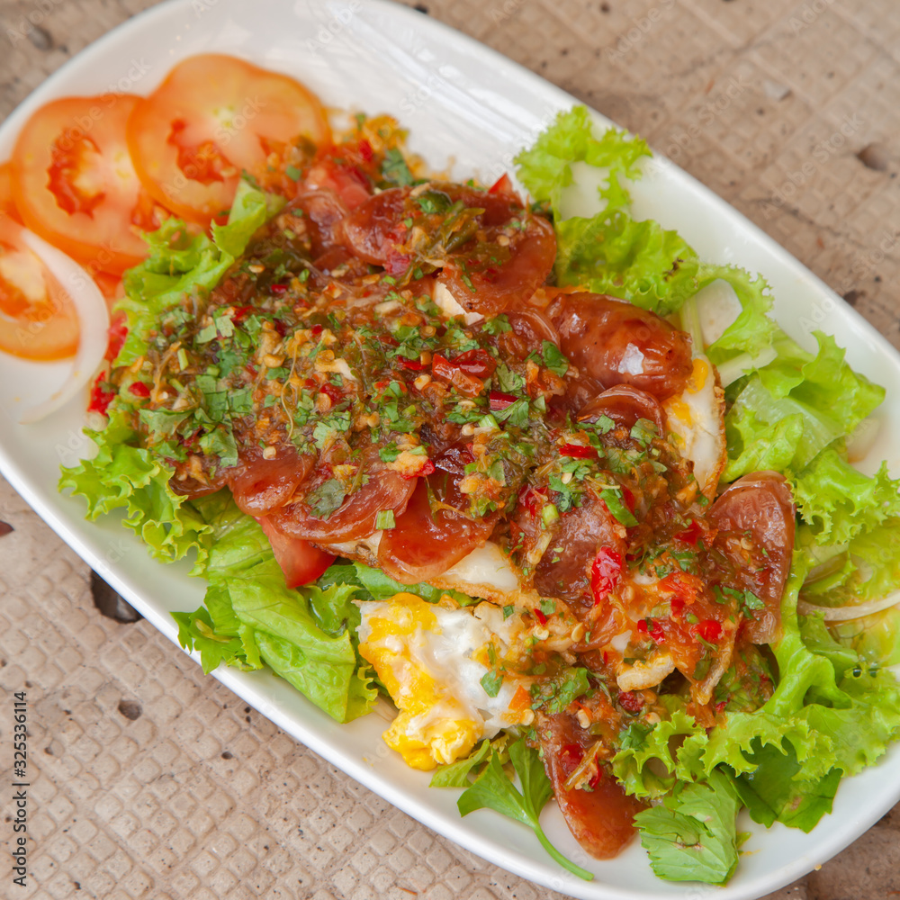 Spicy Chinese pork sausage with vegetable Thai salad Spicy Chinese pork sausage with vegetable Thai salad