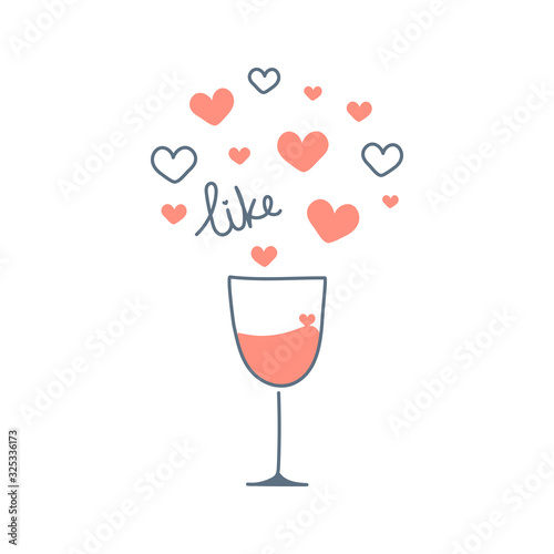 Influence marketing or valentine day template with metaphor of love. Romantic holiday symbol. Glass of wine full of hearts or likes. Flat thin line vector illustration on white.