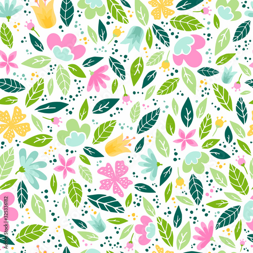 seamless pattern with flowers and leaves on white background. Textile  fabric print  wallpaper  wrapping paper. Spring  summer  mother s day  easter  women s day theme.