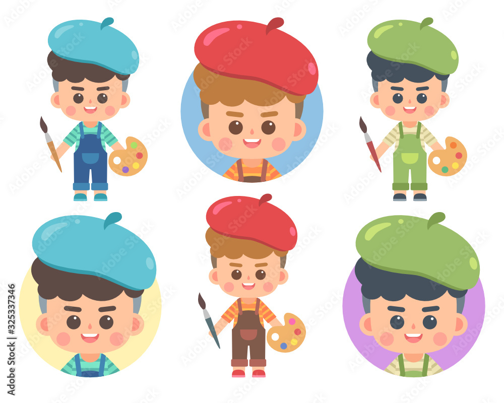 Set of cute artist character design and avatar. Artist holding palette and brush on white background. Flat vector cartoon illustration. Set of cute artist character design and avatar. Artist holding palette and brush on white background. Flat vector cartoon illustration.