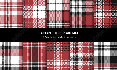 Red tartan plaid pattern set. Seamless bright colorful vector check plaid in nearly black, soft red, and white for flannel shirt, scarf, blanket, or other modern textile design.