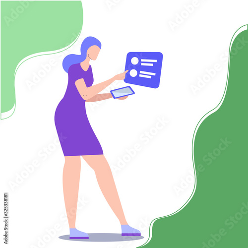 Woman Uses Mobile Application in Park. Creating Business Ideas. New Technologies. Vector Illustration. Use Electronic Media. Work in Fresh Air. Phone in Hand. Electronic Icon. Work Online. photo