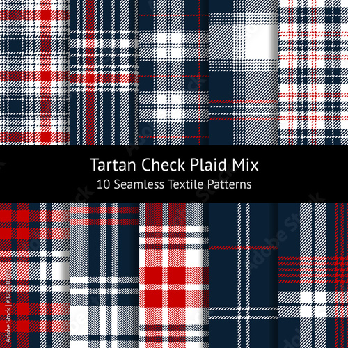 Plaid pattern set. Tartan seamless check plaid graphics in dark blue, red, and white for flannel shirt, blanket, duvet cover, or other modern spring, summer, autumn and winter textile design.