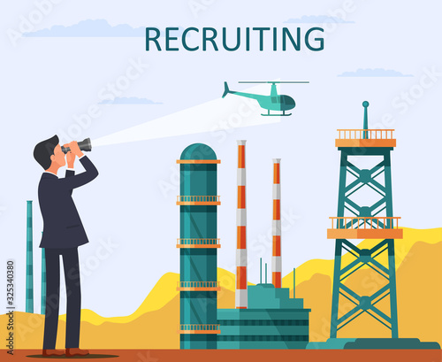 Man in Suit Looks Through Binoculars Helicopter. Helicopter Flies Over Plant. Businessman in Business Suit. Vector Illustration. Recruitment Agency. Management and Organization. Recruiting Director.