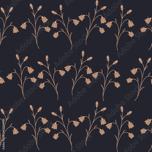 Seamless pattern from gorgeous bluebell flowers and buds on navy background for summer theme.Cute spring floral backdrop.For covers, fabric,wrapping paper,wallpaper,stationery.Vector flat illustration