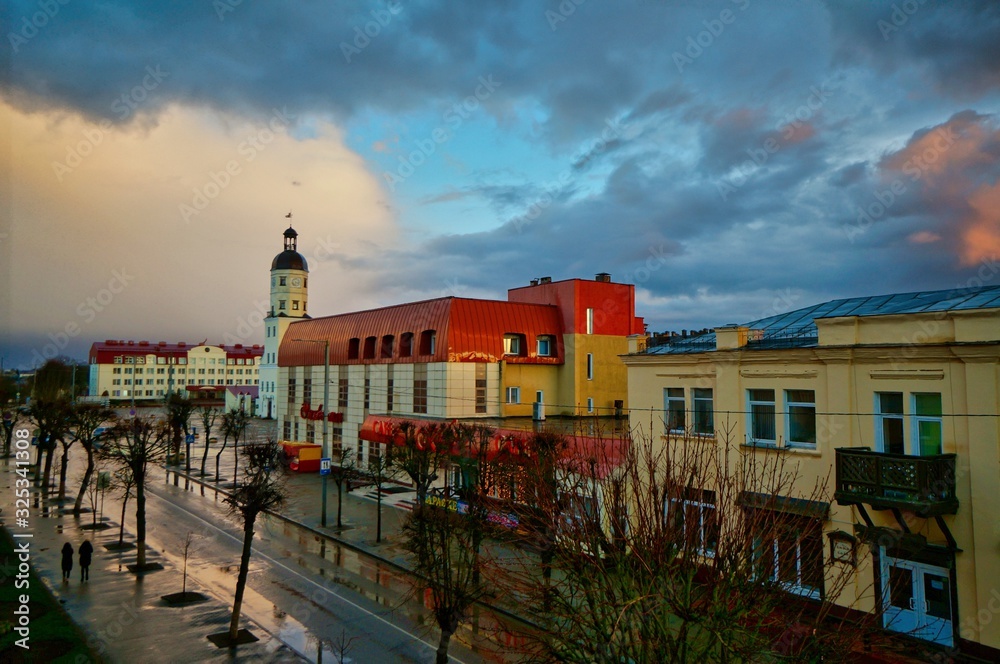 Dramatic sunset over Nesvizh, Belarus