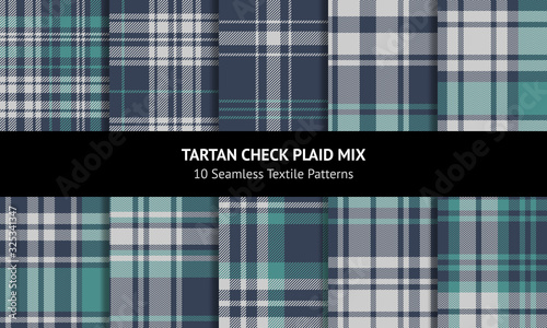 Tartan plaid pattern set. Seamless herringbone and striped check plaid graphic in teal green, blue, and grey for scarf, flannel shirt, blanket, throw, or other autumn winter fabric design.