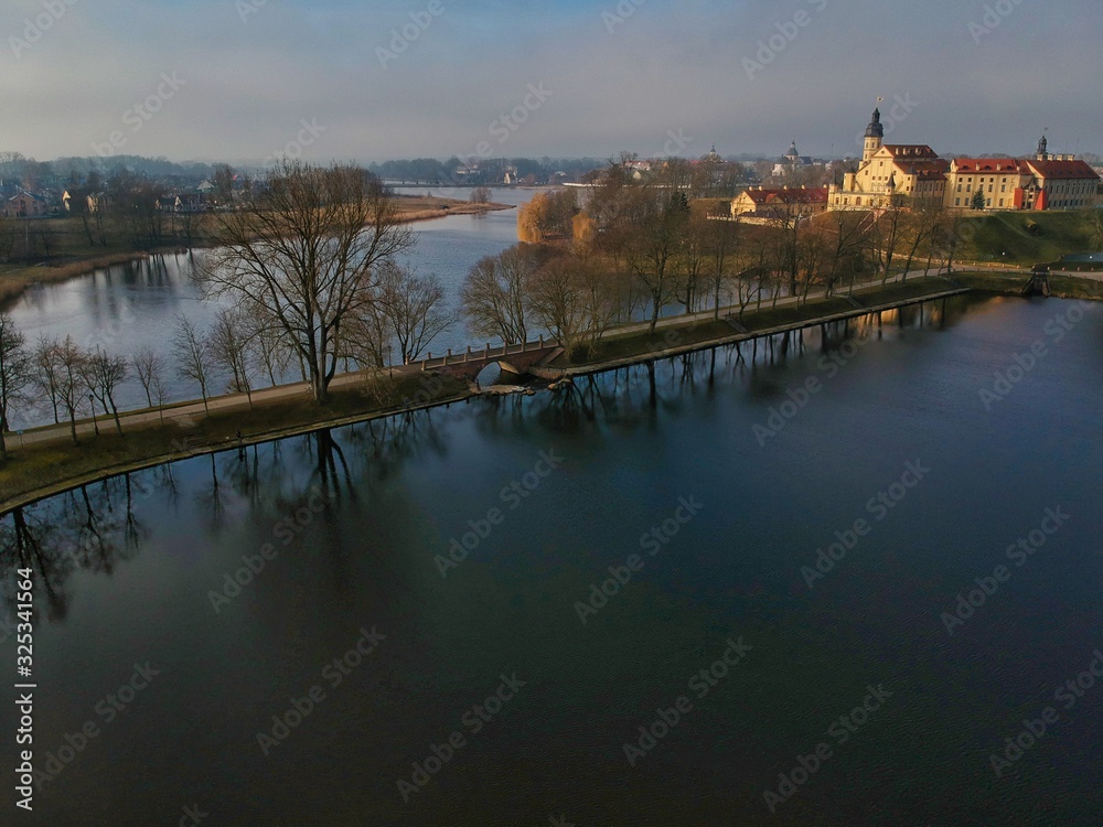 Fototapeta premium Aerial view of Nesvizh park and castle in Belarus