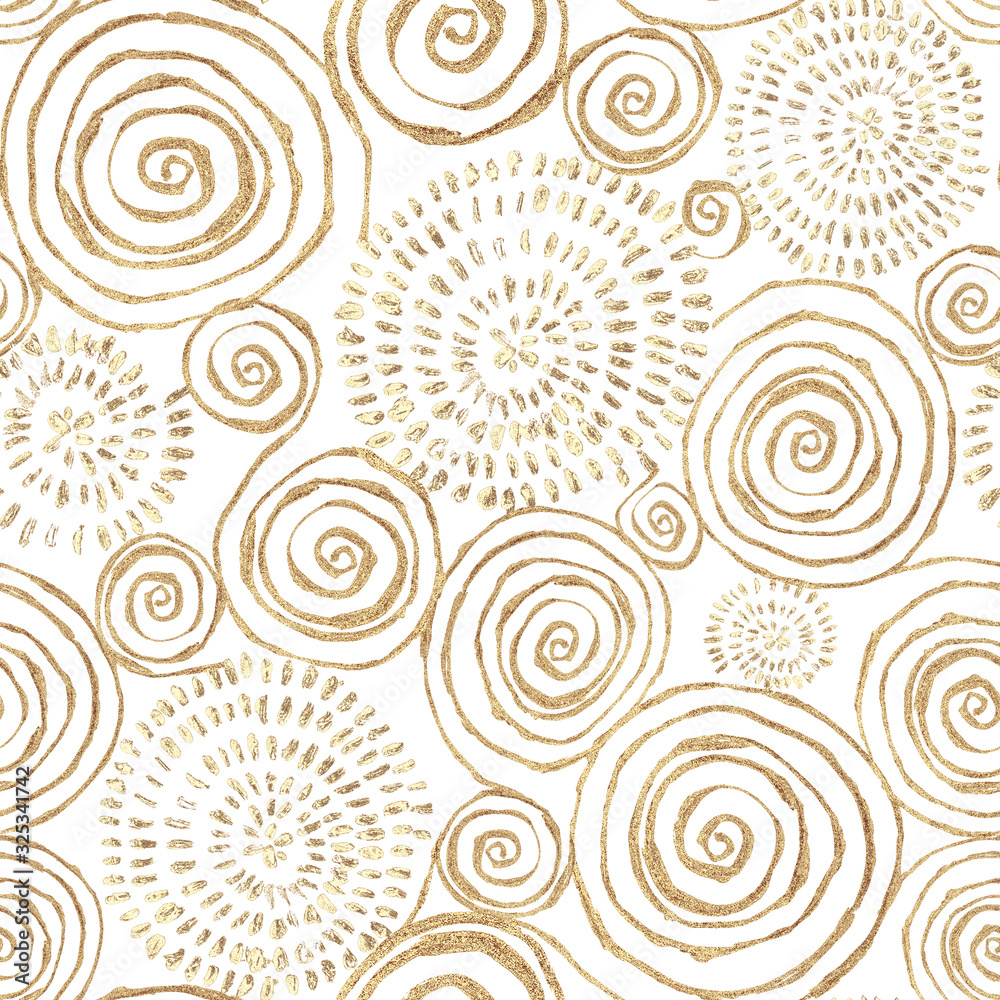 Fototapeta Abstract seamless pattern with golden glittering acrylic paint round spiral circles on white background