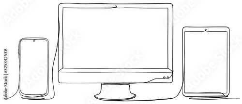Mobile Phone, Computer Monitor and Tablet PC. Hand Drawn Continuous Line Art Vector Illustration.