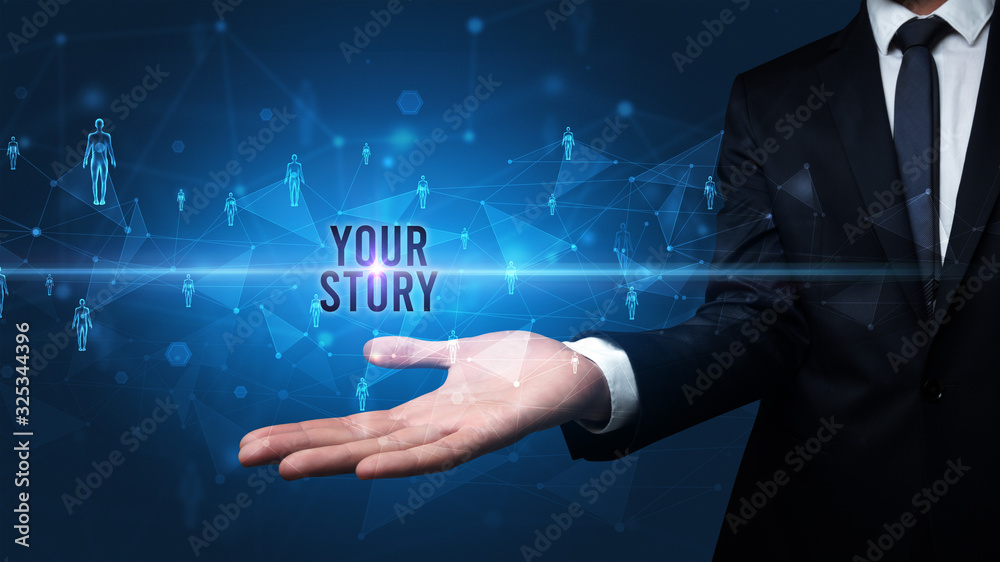 Obraz premium Elegant hand holding YOUR STORY inscription, social networking concept