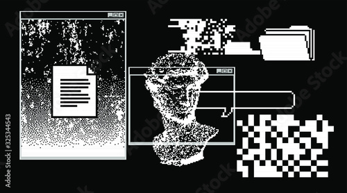 Pixel art ilustration with retro 80's UI and UX elements. Vaporwave and retrowave style collage.