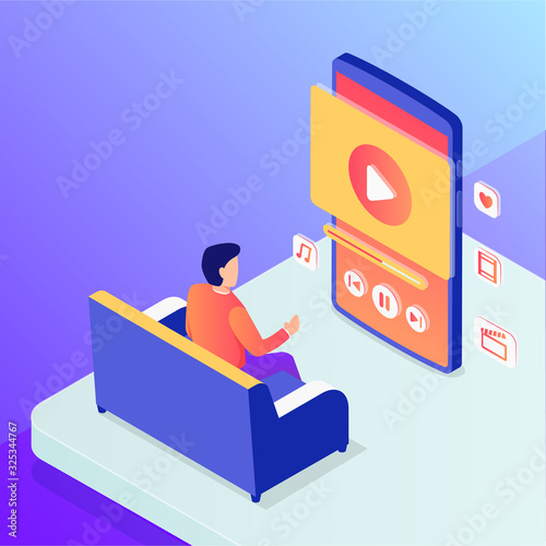 home entertainment with smartphone with man sit on sofa watching online video