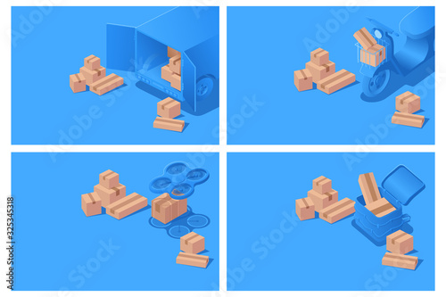 Delivery concept with van, bike, drone and courier bag set isometric