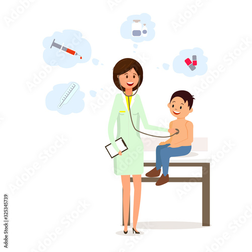 Doctor Testing Boy Flat Cartoon Vector Illustration. Pediatrician Examining Child with Stethoscope. Happy Smiling Child. Consultation at Clinic. Kid Medical Check Up at Hospital. Thermometer, Pill.