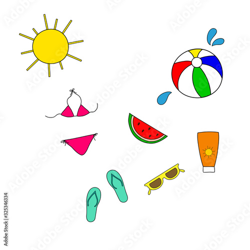 Set of freehand doodle vector icons stickers with womens accessories objects for beach ocean vacation. Bikini ball in water splashes sunscreen lotion sunglasses flip flops watermelon slice