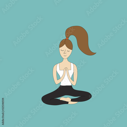 Freehand vector doodle illustration in cartoon style of young Caucasian woman girl sitting in yoga lotus pose with joined hands in Namaste with closed eyes in meditation
