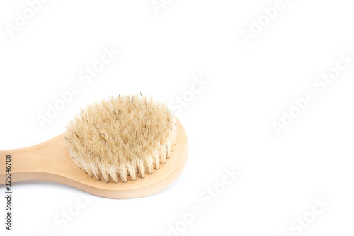 Closeup of cactus fiber body brush isolated on a white background. Natural  plastic free beauty tool. Bath and home self care concept. Flat lay  top view. Copy space for your text