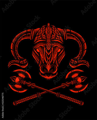 Bull head with viking hat on black background-vector illustration design